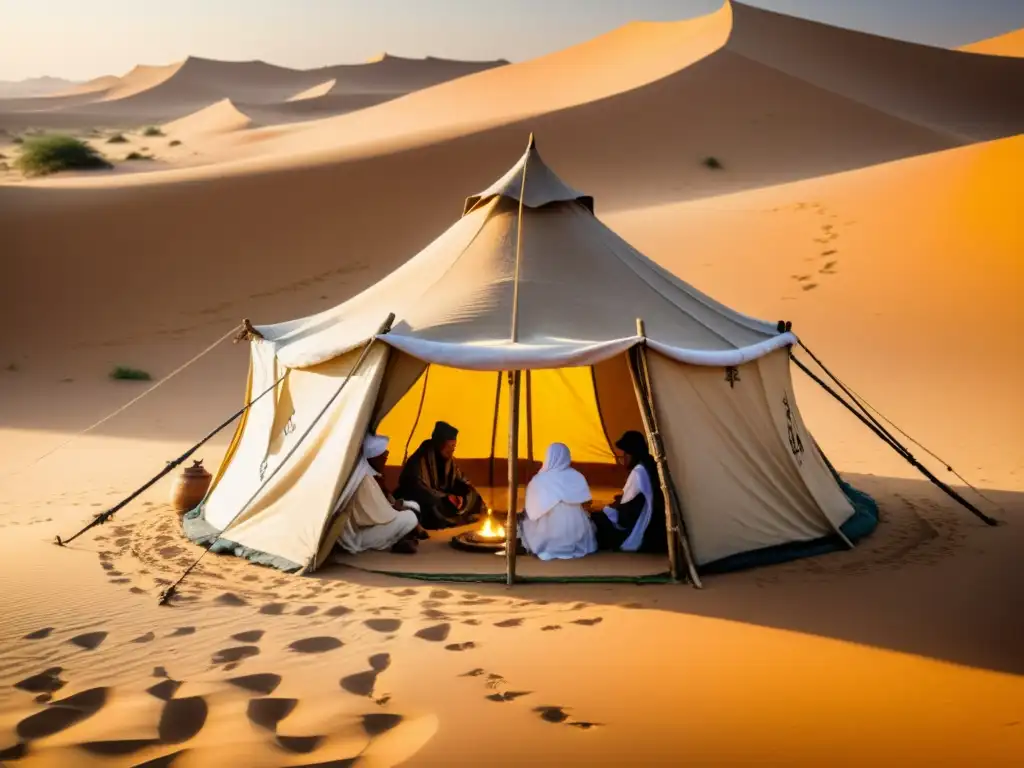 Un grupo de personas tuareg se reúne bajo una tienda tradicional en el desierto, mostrando la antigua escritura tuareg en pergamino