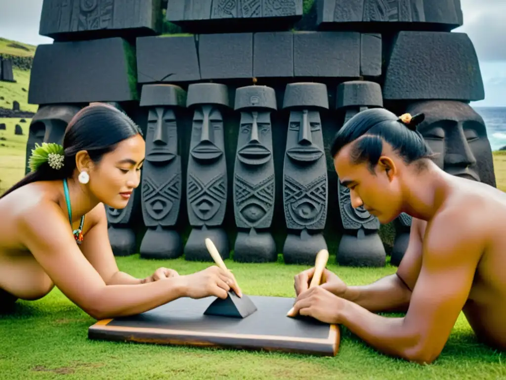 Un grupo de Rapa Nui tallando símbolos RongoRongo junto a los moai en la Isla de Pascua