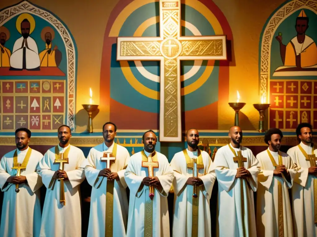 Un grupo de sacerdotes etíopes viste túnicas blancas y doradas, sosteniendo cruces ornamentadas y cantando en Ge'ez durante una ceremonia religiosa