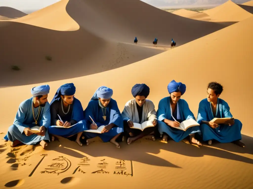 Un grupo de Tuareg escribe la antigua escritura Tifinagh en la arena del desierto, vistiendo túnicas indigo y turbantes