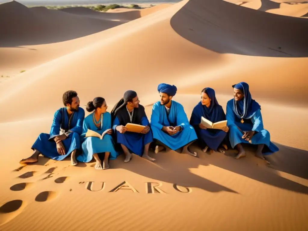 Un grupo de Tuareg en el desierto escribe en Tifinagh, descifrando escritura Tuareg