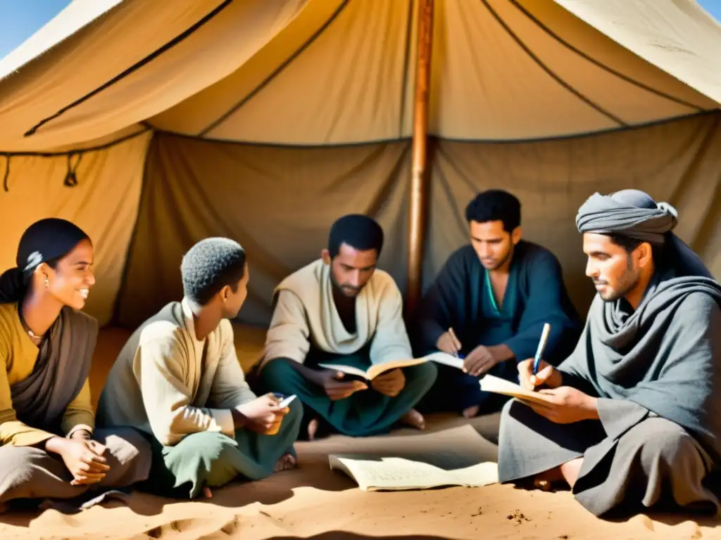 Un grupo de Tuareg aprende escritura Tifinagh en una tienda tradicional bajo la cálida luz del desierto