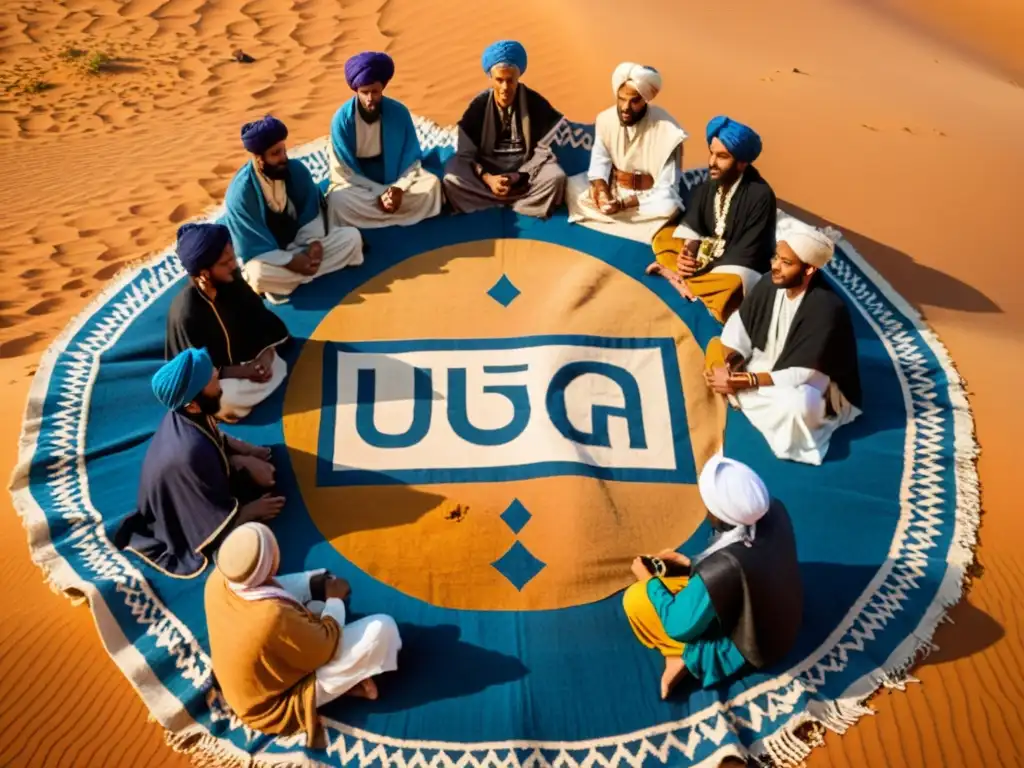 Un grupo de tuaregs en el desierto con Escritura Tifinagh tuaregs en un entorno culturalmente rico y significativo al atardecer