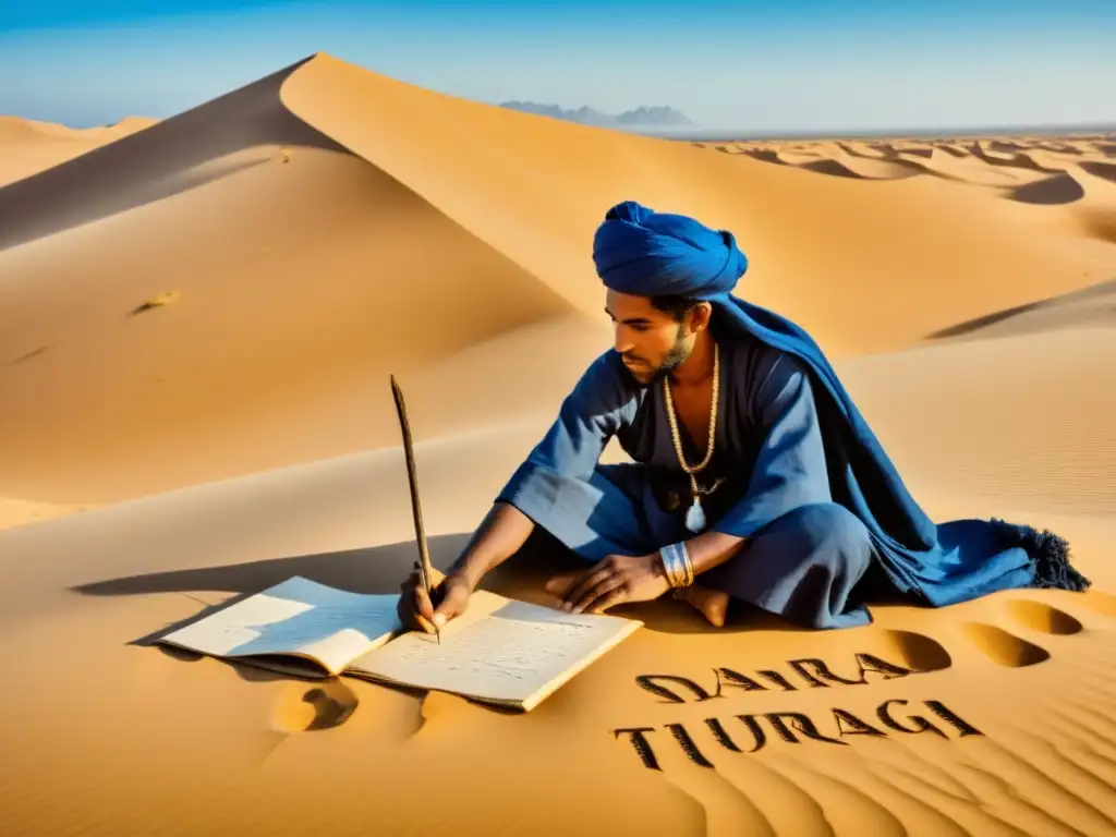 Un grupo de tuaregs en el desierto del Sáhara, vistiendo ropas tradicionales, con un hombre escribiendo en Tifinagh