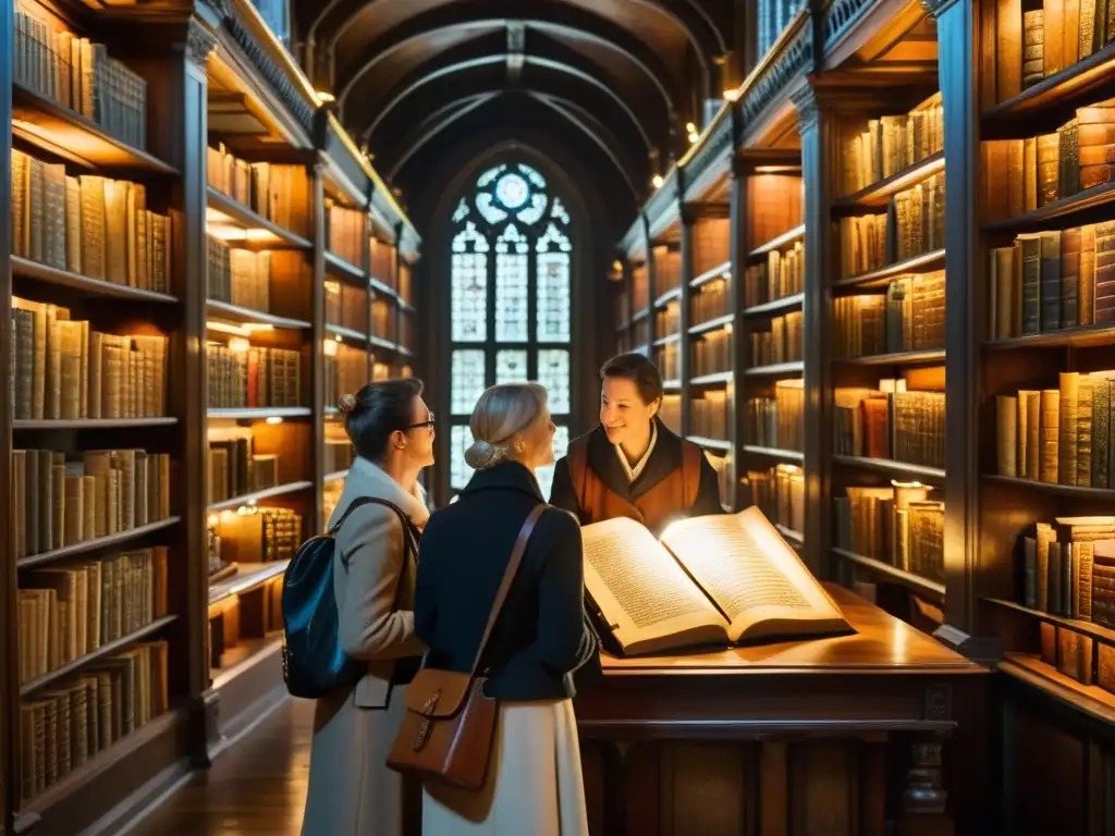 Un grupo de turistas se maravilla con un manuscrito medieval en una biblioteca antigua, creando una atmósfera inmersiva