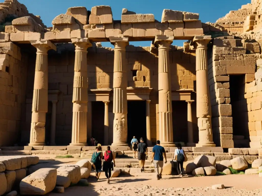 Un grupo de viajeros explorando las ruinas de una antigua ciudad fenicia en un tour cultural por el Mediterráneo