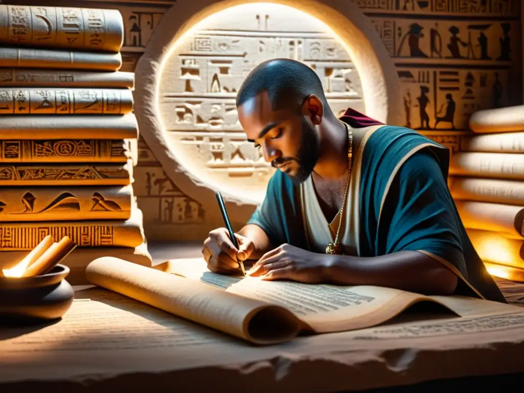 Un hábil escriba de la antigua civilización elabora meticulosamente jeroglíficos en un pergamino
