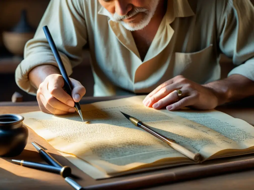 Un hábil artesano restaura con delicadeza un antiguo manuscrito rodeado de pergamino vintage, tinteros antiguos y pinceles