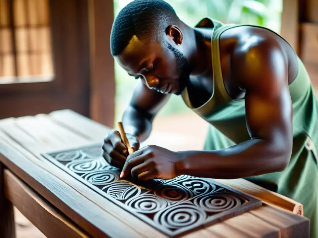 Un hábil artesano de Ghana talla con precisión símbolos Adinkra en madera oscura en su taller rústico iluminado por luz natural