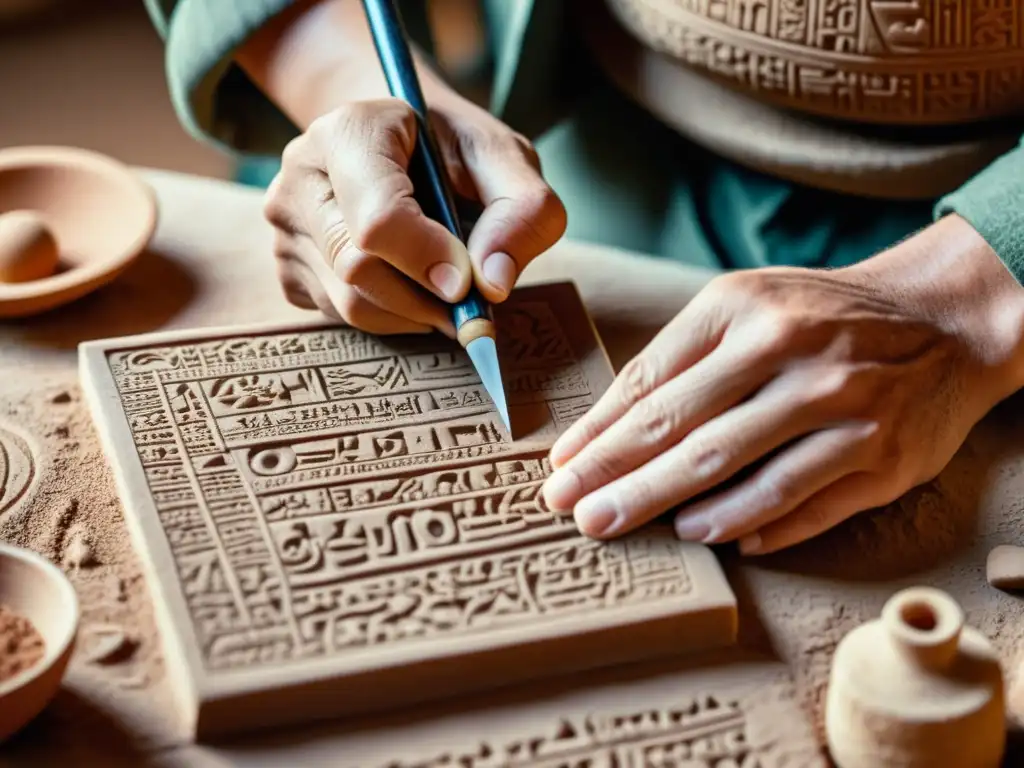 Un hábil artesano talla símbolos cuneiformes en una tableta de arcilla con herramientas tradicionales, evocando la antigua artesanía y la rica historia de la escritura en cuneiforme