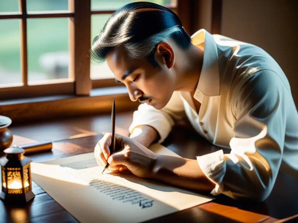 Maestro de la caligrafía: belleza atemporal Un hábil calígrafo trabaja con esmero en un delicado script no latino, iluminado por la suave luz natural