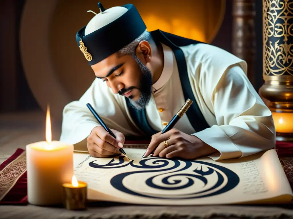 Un hábil calígrafo islámico en atuendo tradicional, creando delicadas letras árabes con una pluma antigua, en una sala iluminada por velas