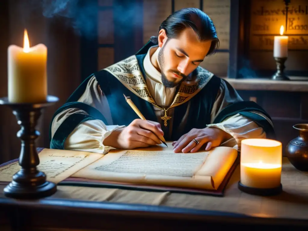 Un hábil escriba medieval trabaja en un manuscrito iluminado por la luz de las velas en un scriptorium