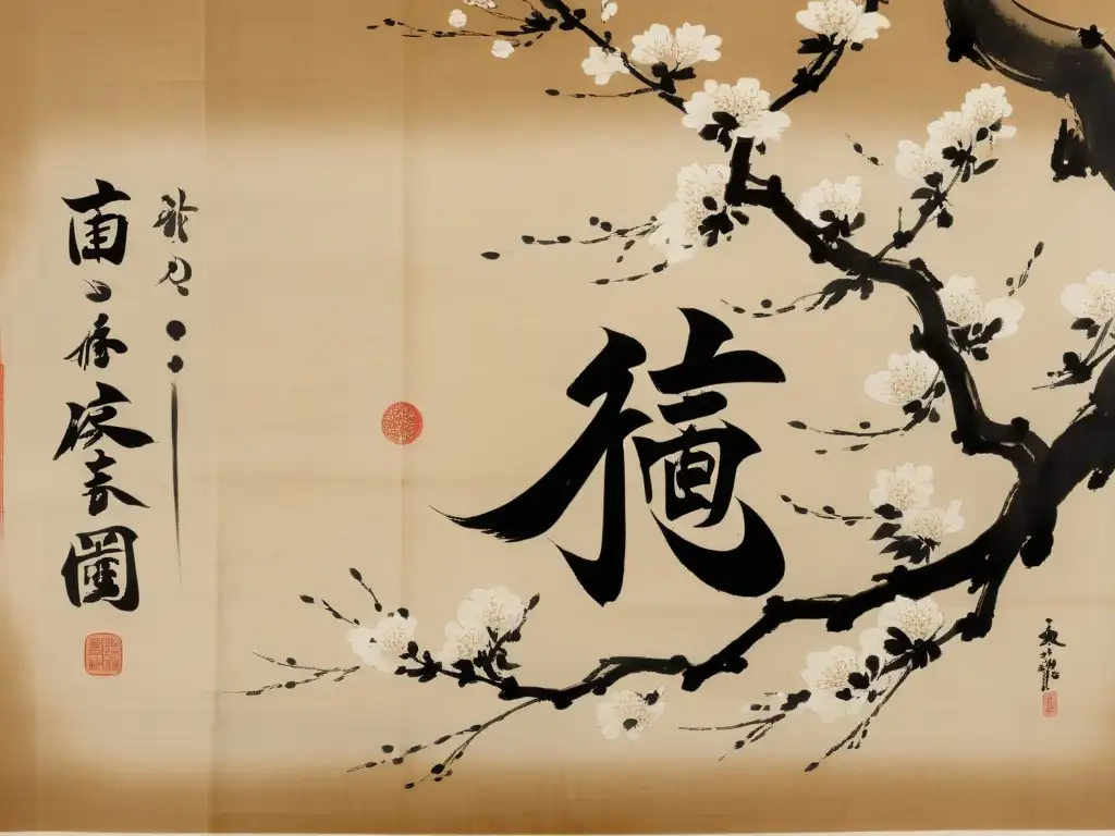 Una hermosa caligrafía japonesa vintage con delicadas flores de cerezo y elegantes caracteres kanji, transmitiendo tranquilidad y elegancia