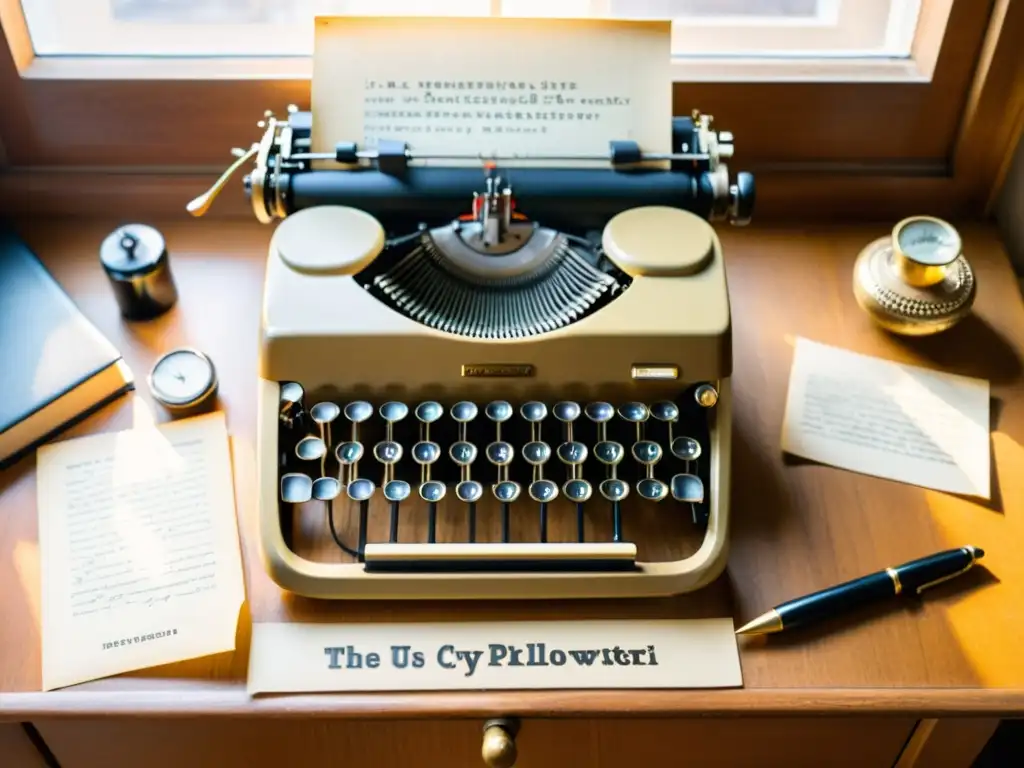 Una hermosa escena nostálgica con una antigua máquina de escribir cirílica, rodeada de papel y plumas vintage