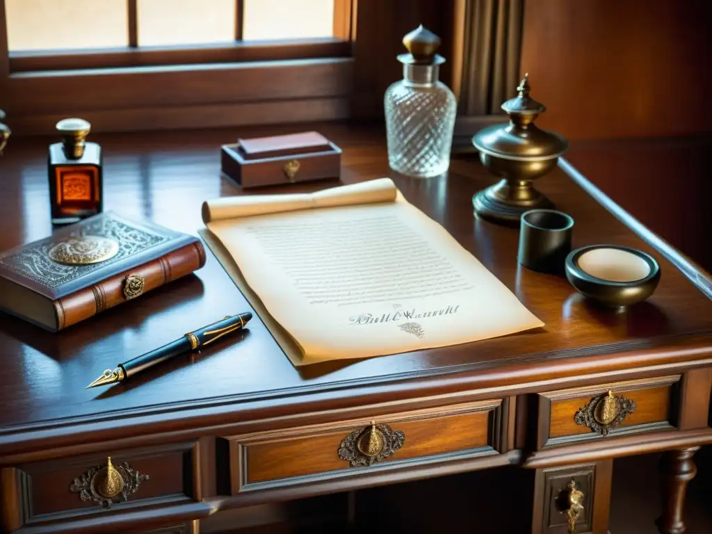 Una hermosa escritorio de madera adornado con plumas antiguas, manuscritos y tintero