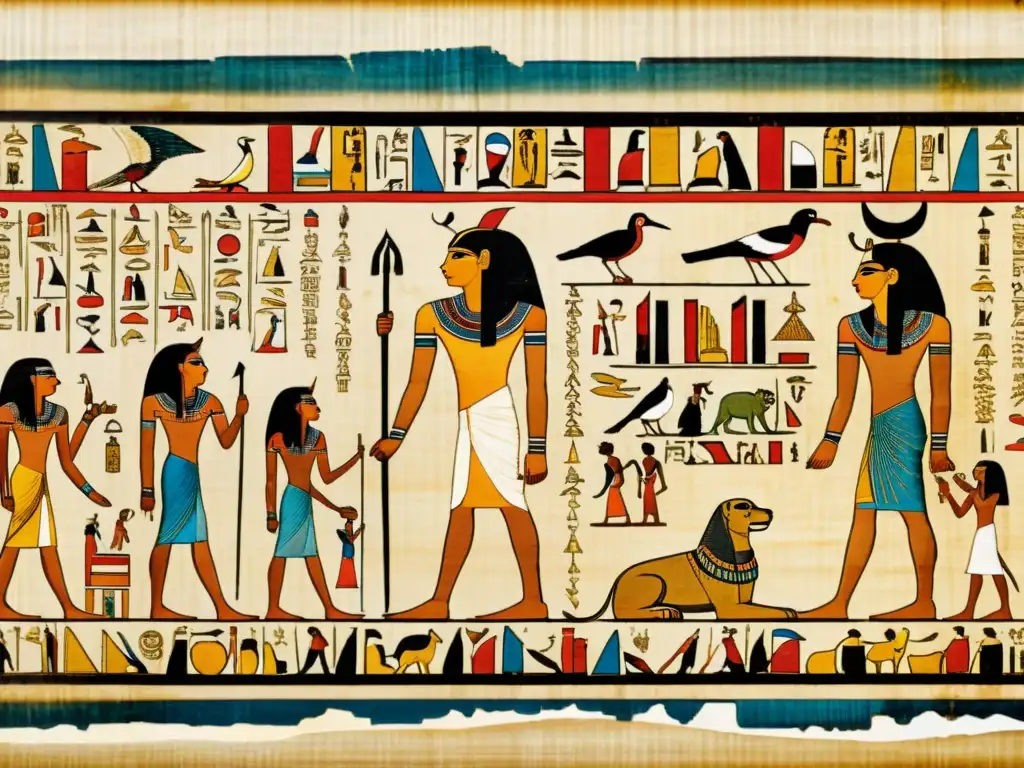 Una hermosa imagen detallada en 8k de un antiguo papiro egipcio bien conservado con intrincadas jeroglíficos y hechizos antiguos Egipto pirámides