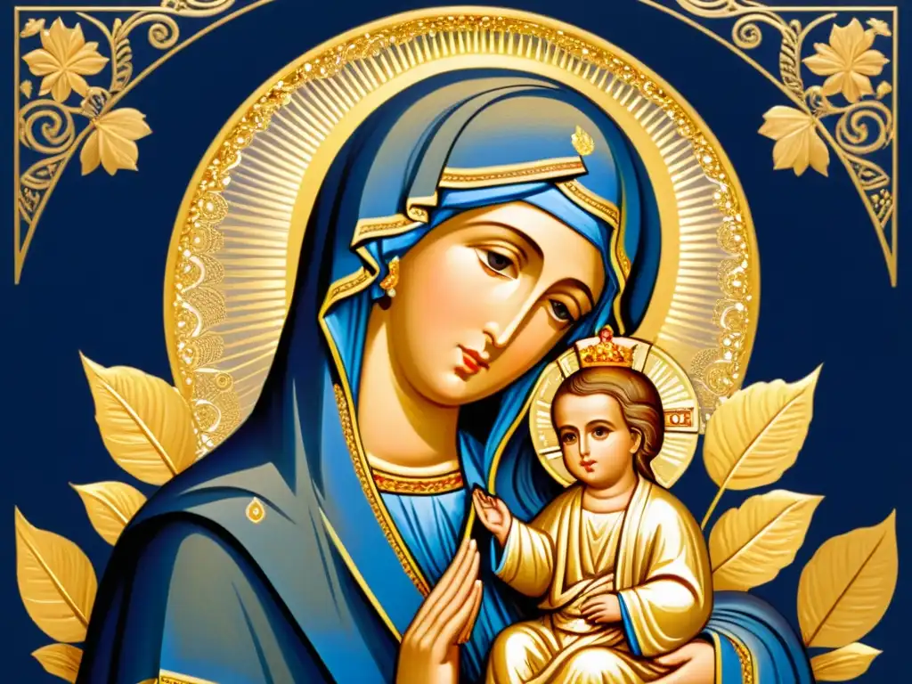 Icono detallado de la Virgen María, rodeada de patrones de oro, sobre fondo azul