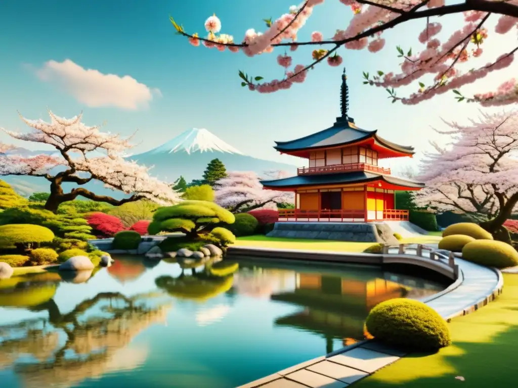 Una ilustración vintage de un apacible jardín japonés con una pagoda tradicional al fondo, rodeado de árboles de cerezo en flor y un estanque tranquilo que refleja los vibrantes colores de la naturaleza circundante