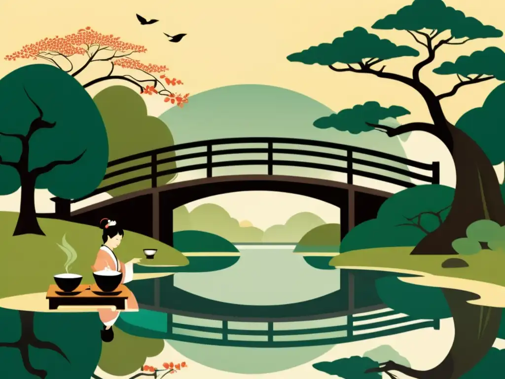 Una ilustración detallada de una ceremonia del té japonesa tradicional en un sereno jardín, con kimonos elegantes y kanji delicados