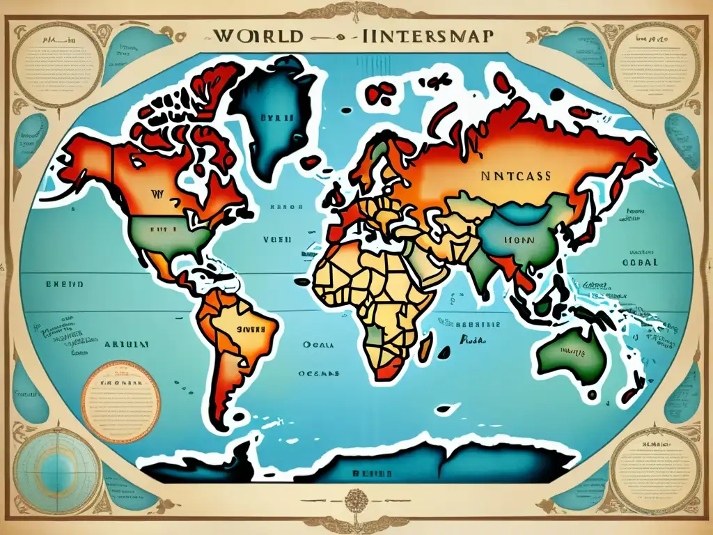 Una ilustración impresionante de un mapa mundial vintage, detallado con sistemas de escritura globales interconectados