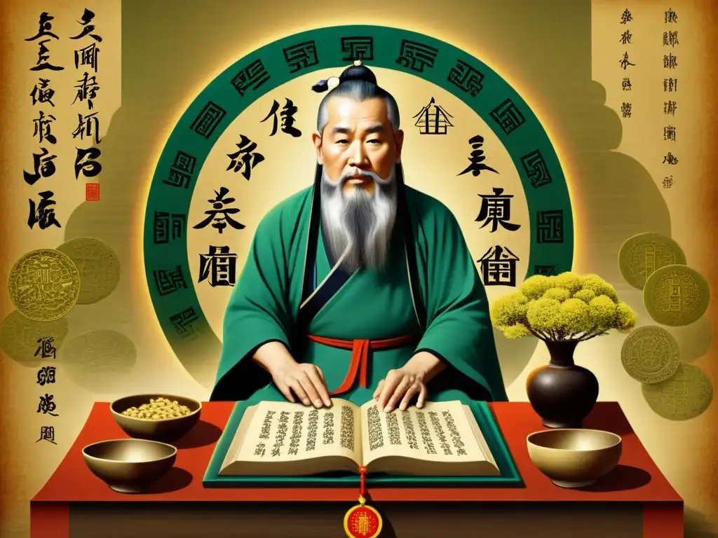 Una ilustración vintage de un sabio chino consultando el I Ching, exuda sabiduría y la autenticidad de la interpretación sabiduría divinatoria I Ching