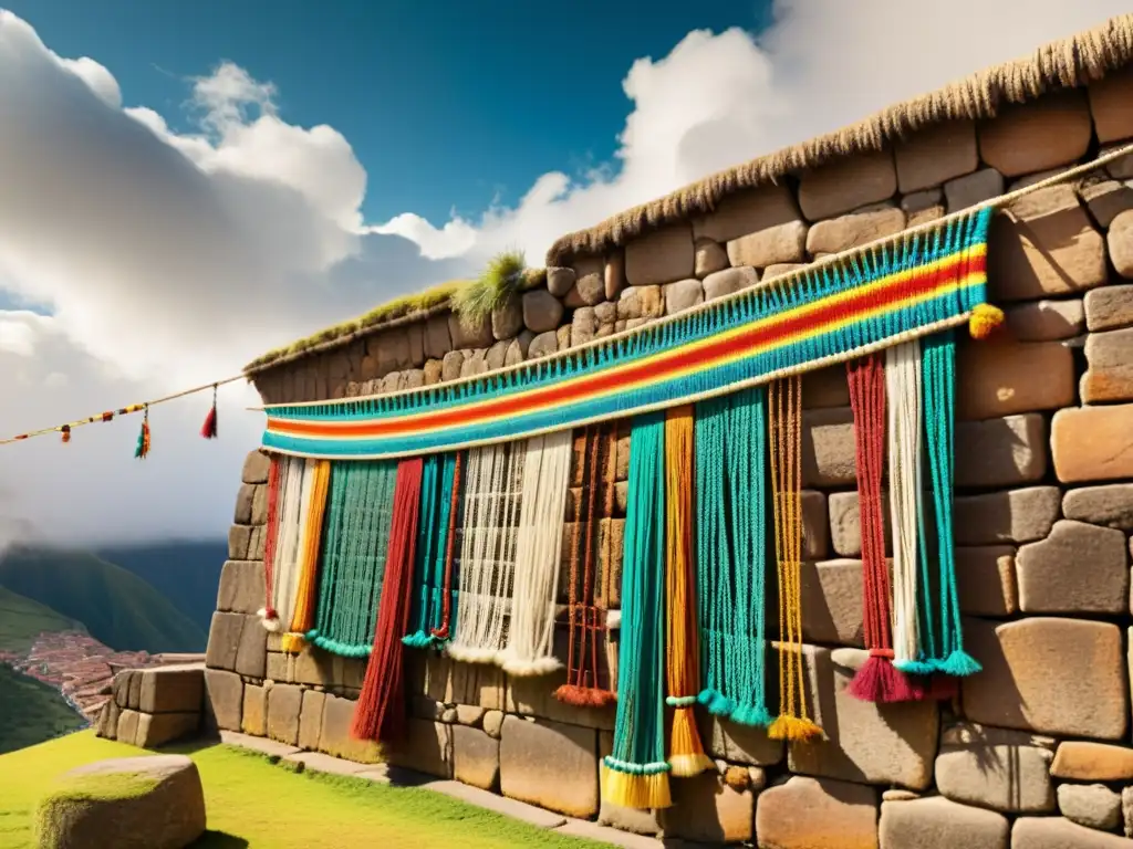 Una ilustración vintage de un quipu inca, colgado en ruinas antiguas en Cusco