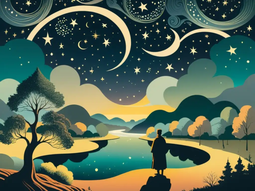 Una ilustración vintage de un paisaje onírico con cielo giratorio, estrellas, luna creciente, bosque retorcido, río y figura contemplativa