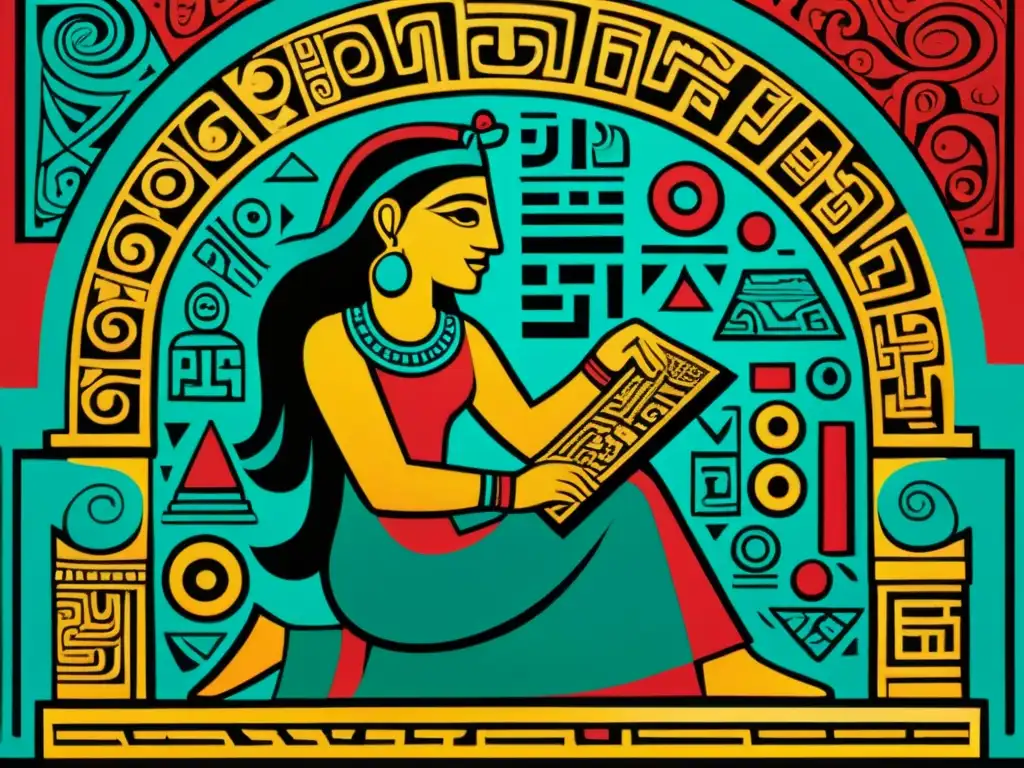 Un ilustrativo sacerdote maya talla glifos en piedra, destacando la complejidad y belleza del Sistema de escritura maya glifos