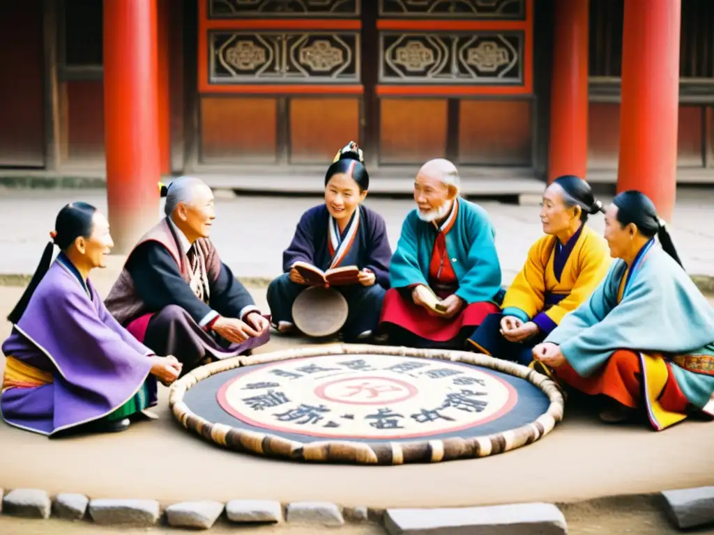 Imagen sepia de ancianos Naxi en círculo, con trajes tradicionales, discutiendo la escritura ideográfica Naxi con expresividad y detalle