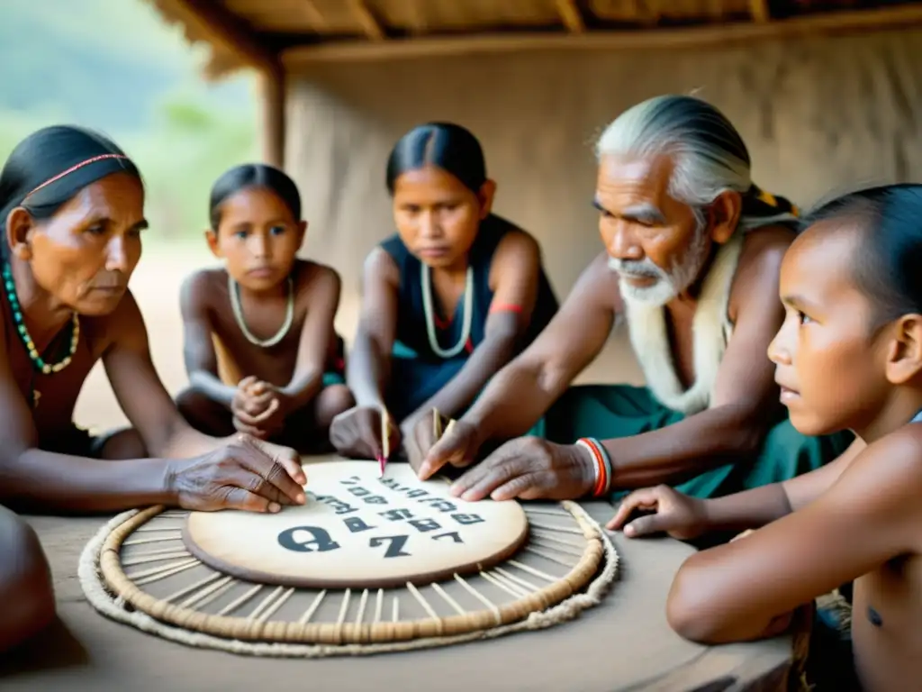 Imagen de ancianos indígenas enseñando la escritura tradicional a jóvenes, preservación de alfabetos en peligro extinción