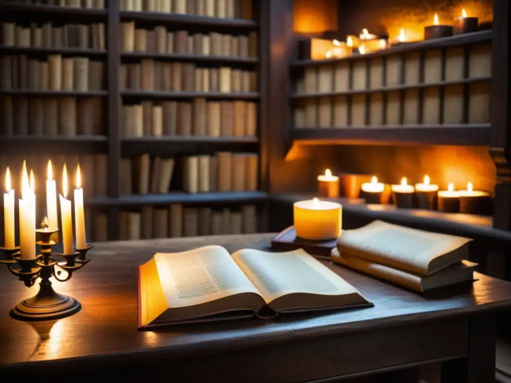 Imagen de una antigua biblioteca de monasterio con manuscritos medievales europeos, iluminada por velas en penumbra histórica