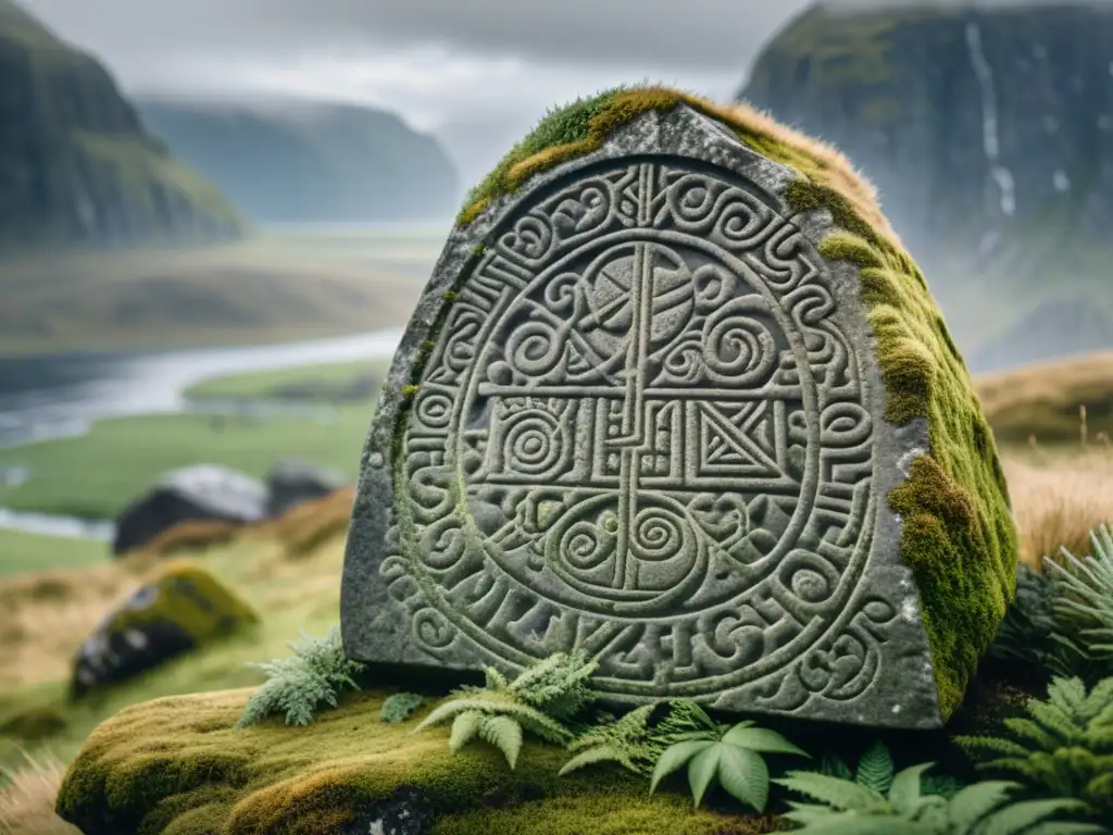 Imagen 8k de una antigua piedra rúnica vikinga, cubierta de musgo y líquenes, con símbolos nórdicos, en un paisaje nórdico neblinoso