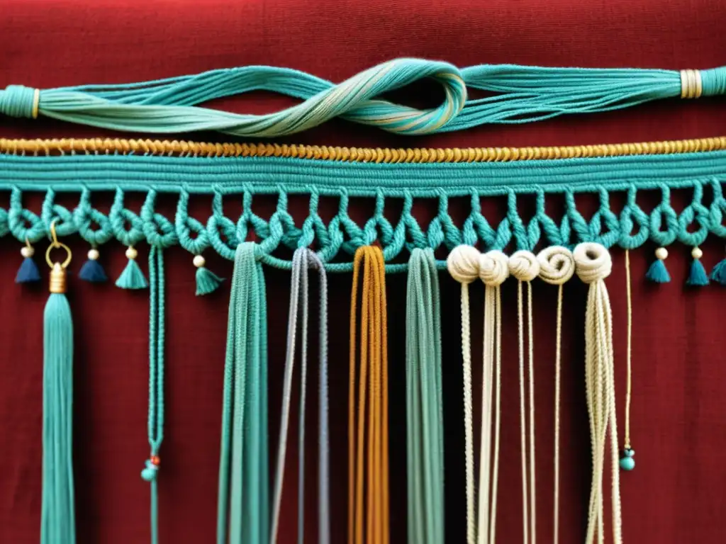 Imagen de un antiguo quipu andino bien conservado con intrincados nudos y coloridos hilos, rodeado de textiles andinos tradicionales