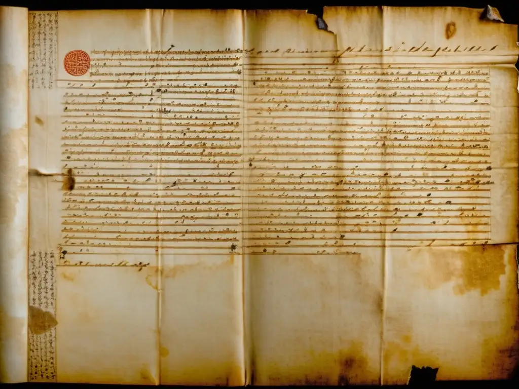 Imagen de un antiguo manuscrito en pergamino con caligrafía intrincada y desgastada, protección manuscritos culturas extintas