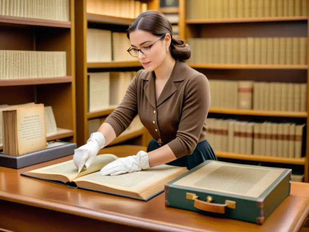 La imagen muestra a una bibliotecaria digitalizando un antiguo manuscrito, rodeada de libros antiguos y equipo de preservación