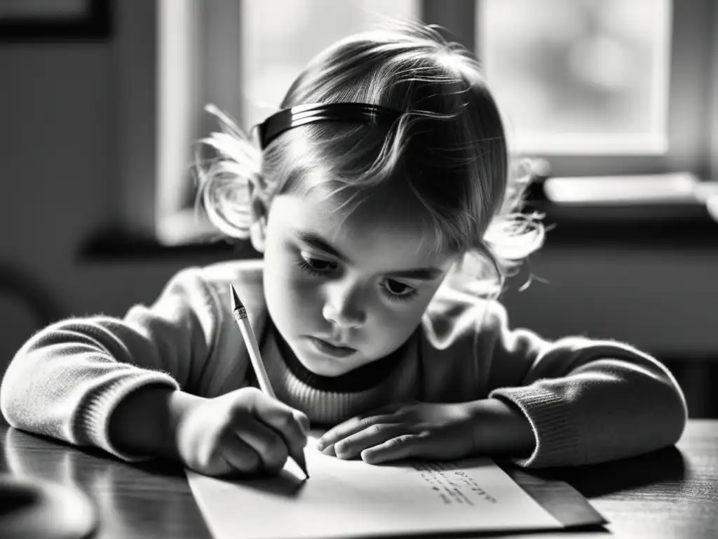 Imagen en blanco y negro de un niño concentrado escribiendo letras del alfabeto