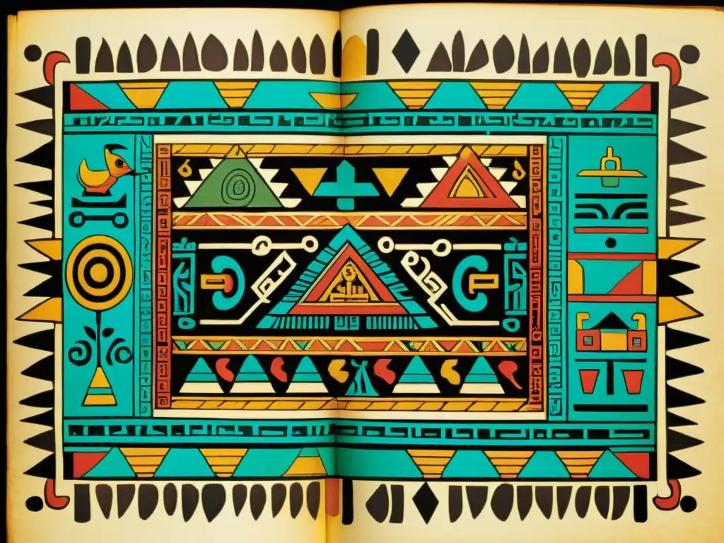 Imagen de un codex azteca bellamente decorado con colores vibrantes y escritura jeroglífica, reflejando la rica herencia cultural en el imperio azteca