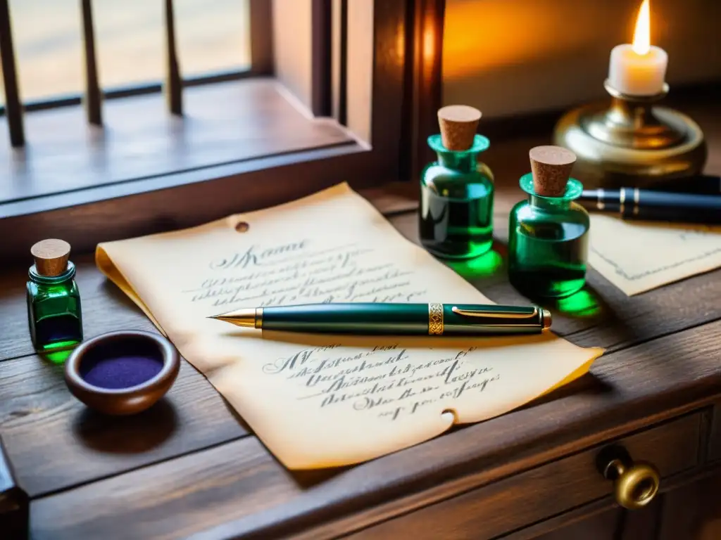 Una imagen de un conjunto vintage de caligrafía sobre un escritorio de madera envejecida, iluminada por suave luz natural