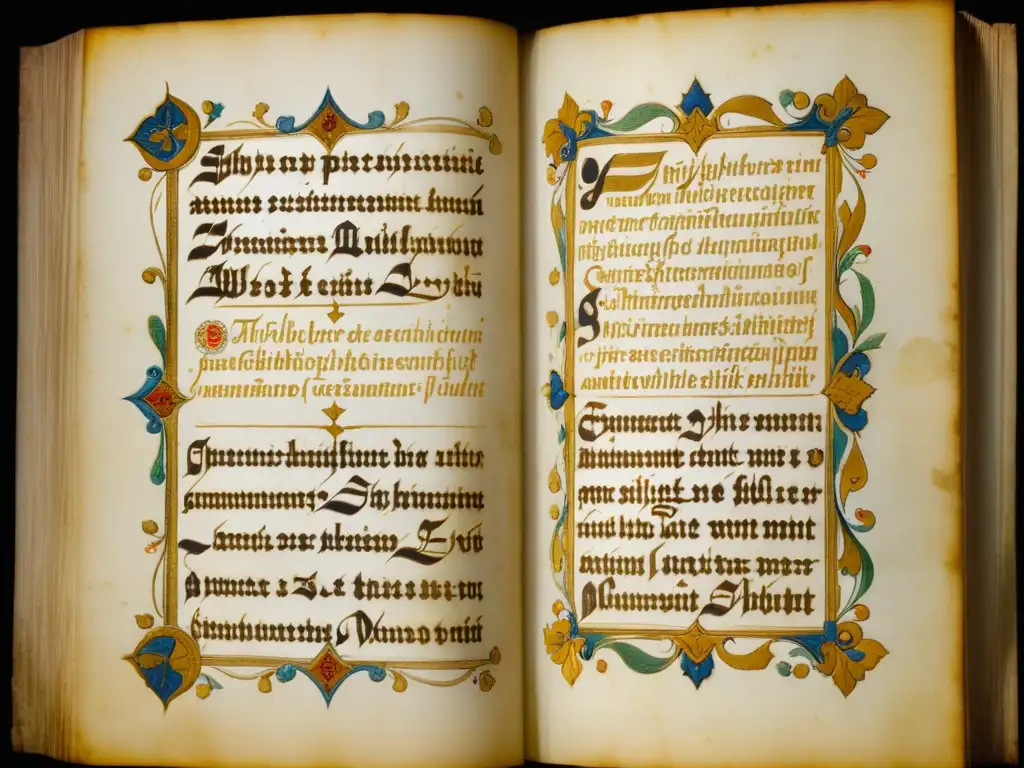 Una imagen detallada de un manuscrito medieval con caligrafía intrincada y elementos decorativos ornamentados