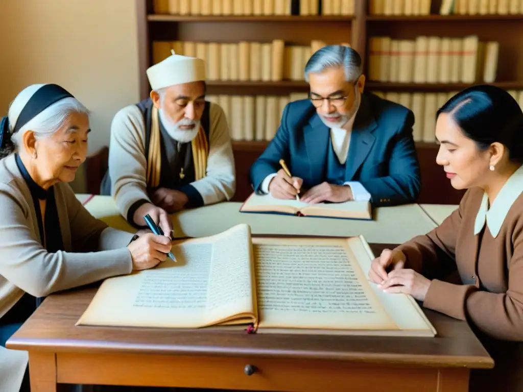 Una imagen sepia muestra a varias generaciones escribiendo y compartiendo manuscritos en lenguas ancestrales