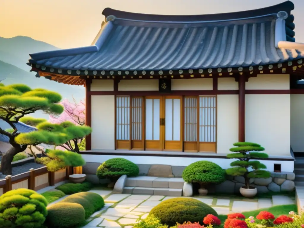 Imagen de un hanok tradicional coreano rodeado de vegetación exuberante y flores vibrantes