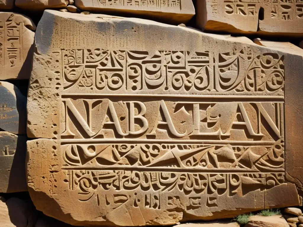 Una imagen de una inscripción nabatea aramea en una pared de piedra, con detalles intrincados y una textura envejecida