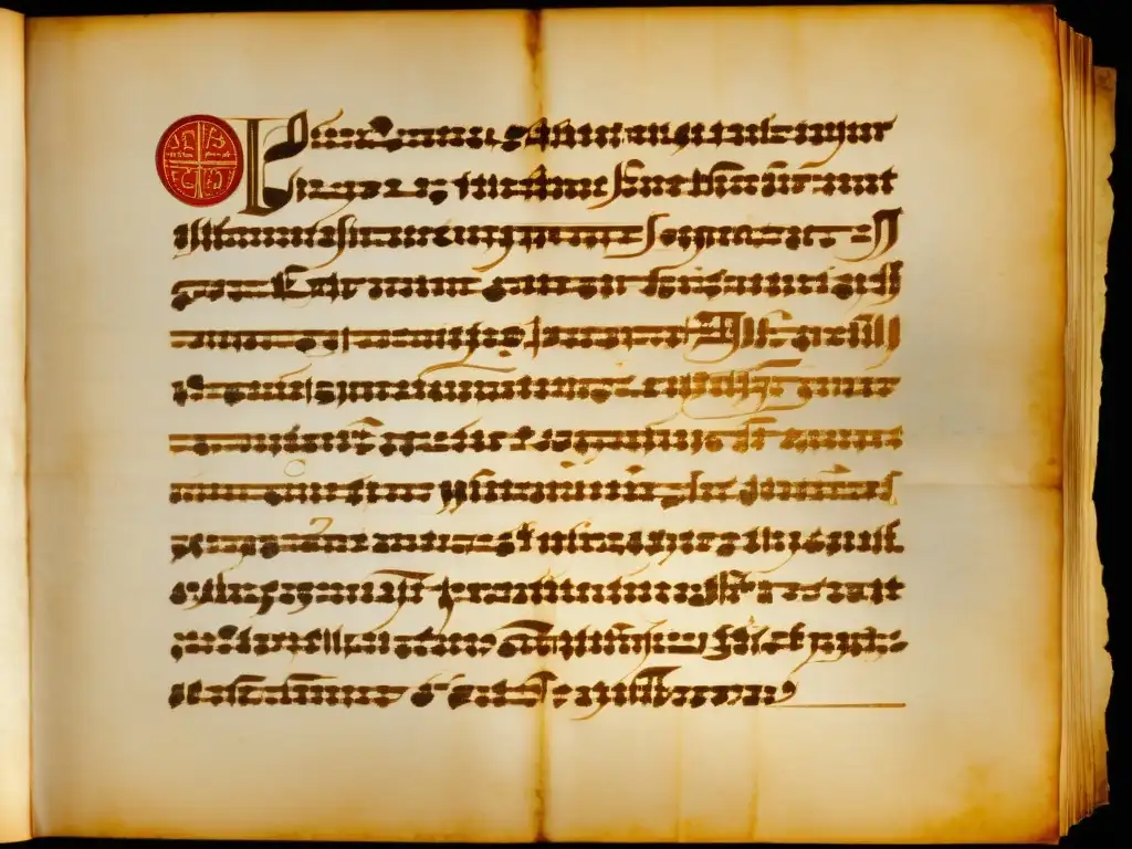 Imagen de un manuscrito histórico bien conservado con caligrafía intrincada y pergamino envejecido, iluminado por cálida luz natural