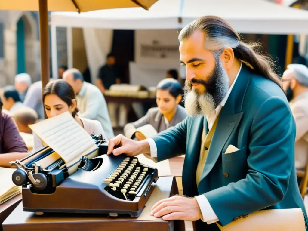 Imagen sepia de mercado histórico con escritura hebrea y cirílica, reflejando impacto digital en escritura