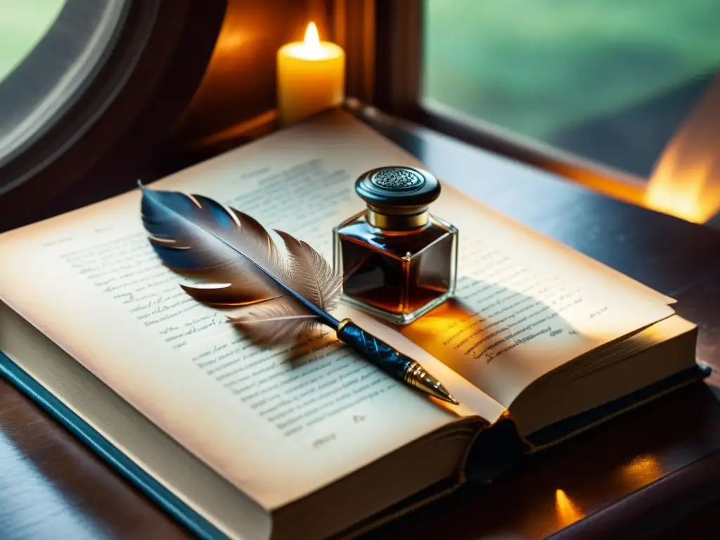 Pluma vintage y libro de cuero: nostalgia y elegancia Una imagen nostálgica y detallada de una pluma y tintero sobre un libro de cuero envejecido, iluminados por luz suave