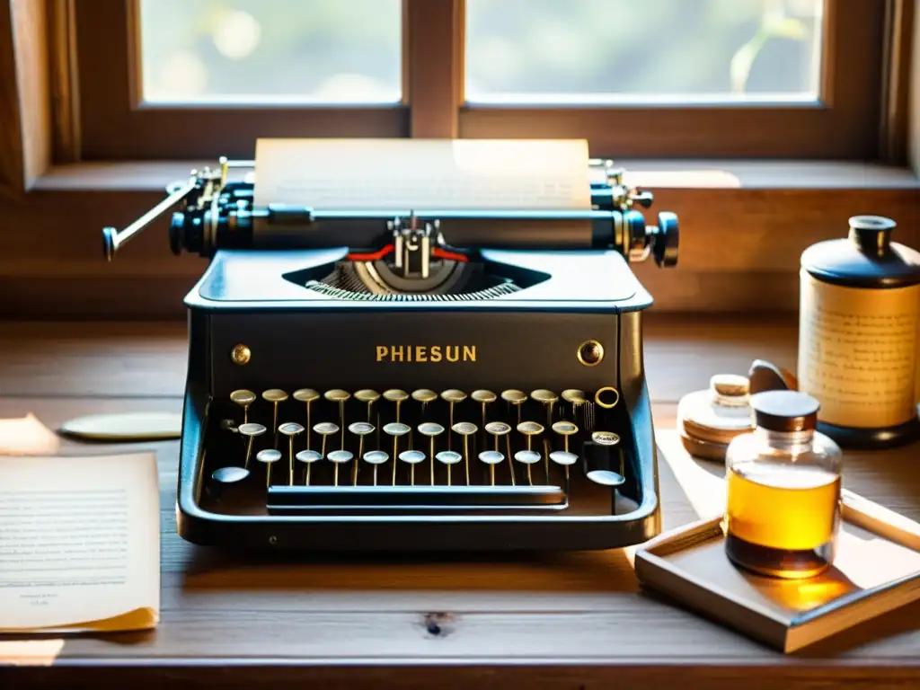 Una imagen nostálgica de una máquina de escribir vintage en un escritorio de madera, rodeada de antiguos implementos de escritura