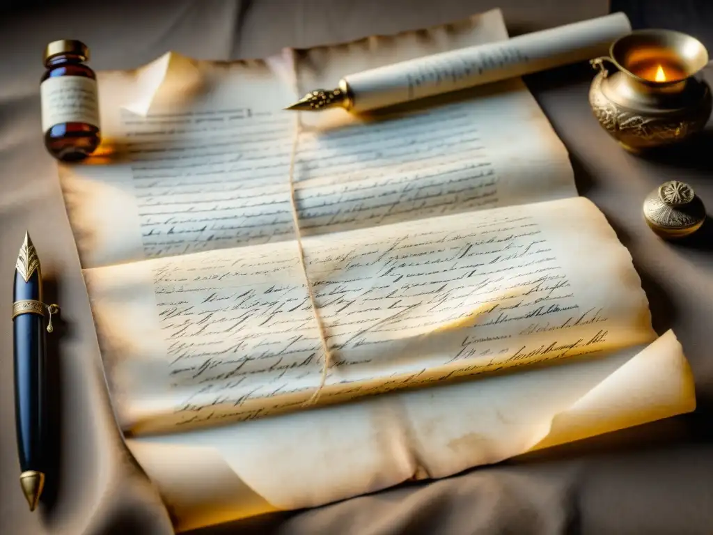 Imagen de un pergamino envejecido con tinta descolorida y escritura a mano, rodeado de plumas antiguas y tinteros, evocando el manejo de deterioro en documentos históricos