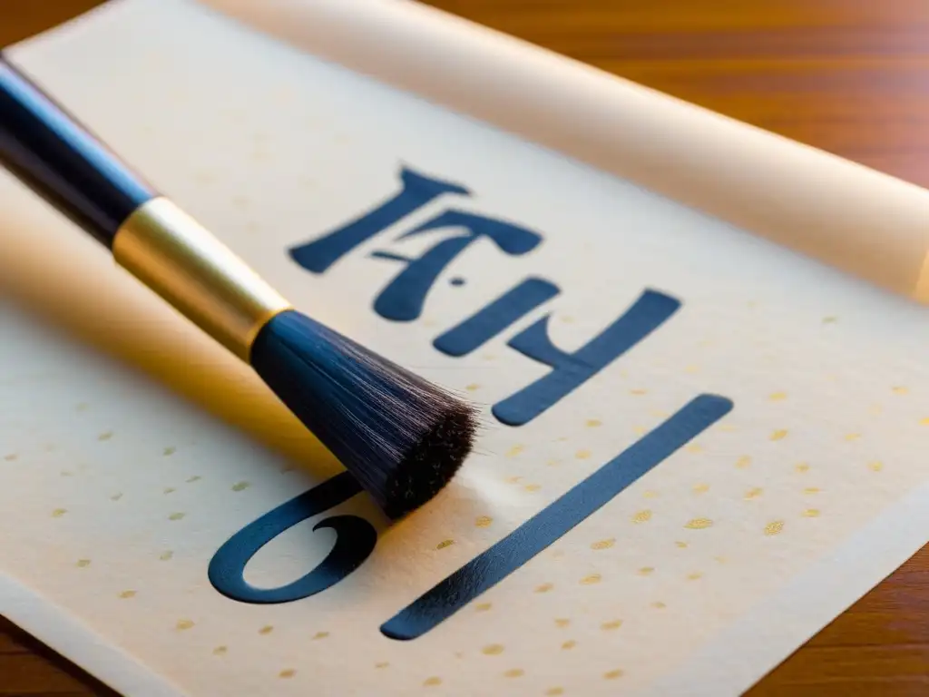 Una imagen de un pincel de caligrafía japonés escribiendo los caracteres 'Hiragana', 'Katakana' y 'Kanji' en papel washi