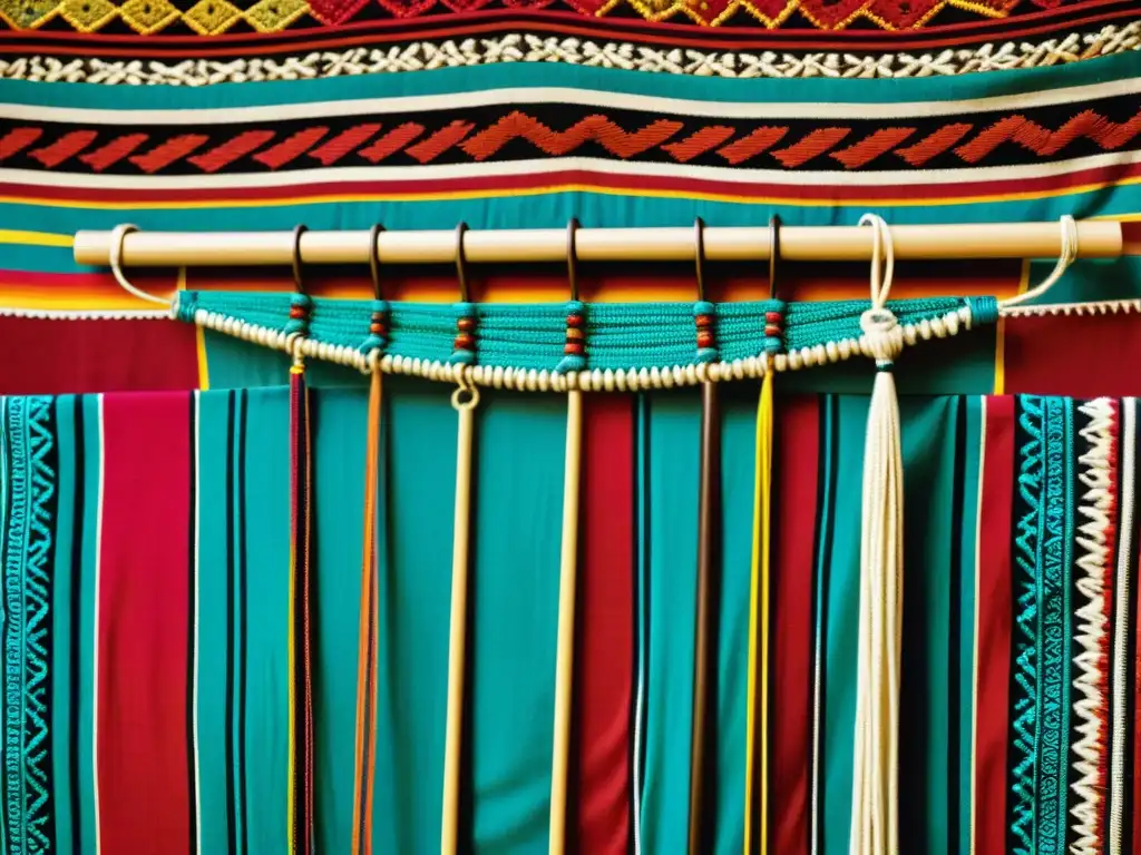 Imagen de alta resolución de un antiguo quipu inca en textiles intrincados